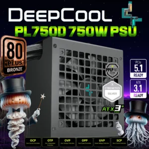 DeepCool PL750D ATX3.1 750W Power Supply With 12V-2×6 PCIe 5.1 Cable, 80 PLUS Bronze Efficiency, Cybernetics Silver, 120mm Hydro Fan, Dual EPS, Full Protection , Non-Modular | BLAC